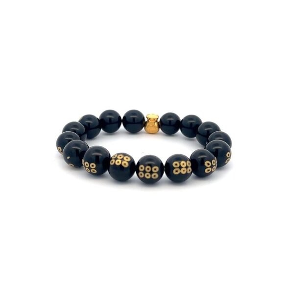 24K Yellow Gold Money Bag Lucky Bracelet Carved Black Agate Gemstones 10mm - Picture 5 of 5